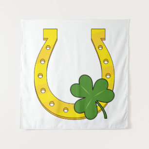 Lucky Golden Horseshoe mit Kleeblatt auf Weiß Wandteppich