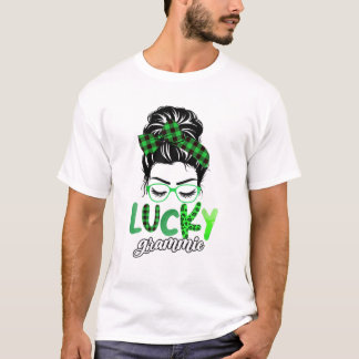 Lucky Grammie Leopard Kariert Messy Bun Irish St P T-Shirt