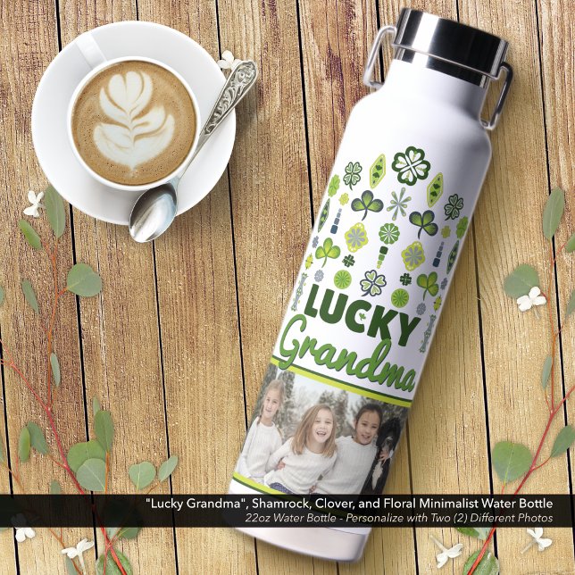 "Lucky Grandma" Kleeblatt Kleeblatt Foto Trinkflasche ("Lucky Grandma", Shamrock, Clover, and Floral Minimalist Water Bottle; Personalize with Two Photos.)