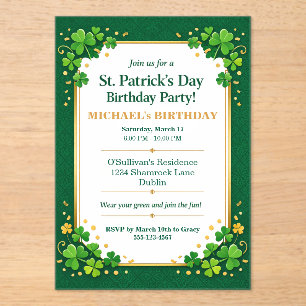 Lucky Green Gold Festive Shamrock Klee Geburtstag Acryleinladungen