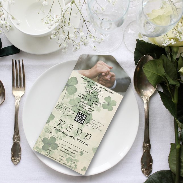 Lucky Green Kleeblatt auf Creme QR Code Foto All In One Einladung (Von Creator hochgeladen)