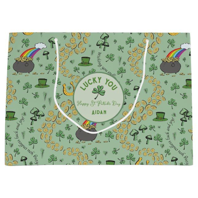Lucky Green St Patricks Day Luck & Joy Custom Große Geschenktüte (Vorderseite)
