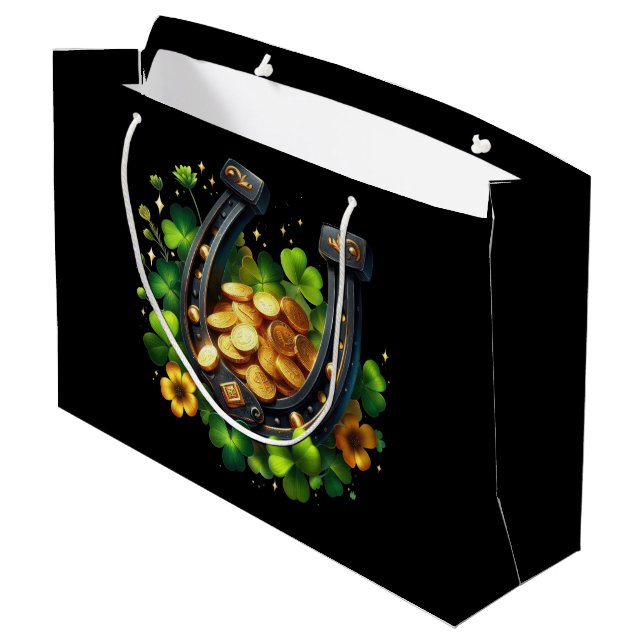 Lucky Horseshoe Goldmünzen und Klee Große Geschenktüte (Rückseite Schrägansicht)