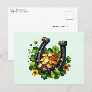 Lucky Horseshoe Goldmünzen und Klee Postkarte