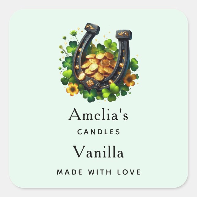 Lucky Horseshoe und Gold Coins Kerzengeschäft Quadratischer Aufkleber (Vorderseite)