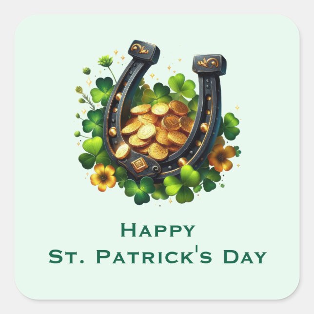 Lucky Horseshoe und Gold Coins St. Patrick's Day Quadratischer Aufkleber (Vorderseite)