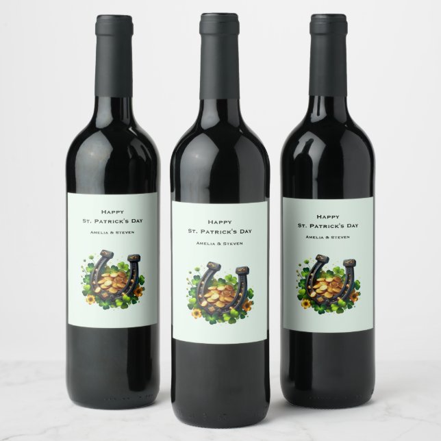 Lucky Horseshoe und Gold Coins St. Patrick's Day Weinetikett (Flaschen)