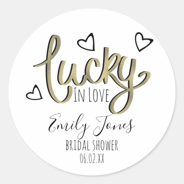 Lucky in Love Hearts Bridal Shower Runder Aufkleber (Vorderseite)