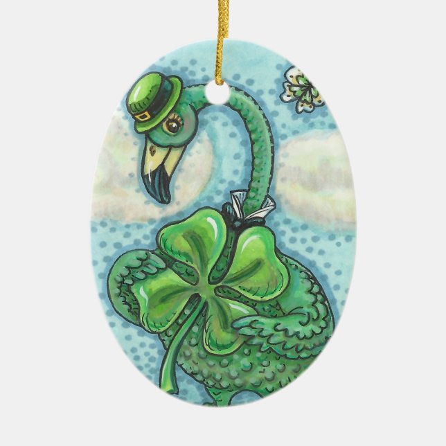 LUCKY IRISH GREEN FLAMINGO ORNAval Oval Keramik Ornament (Vorne)