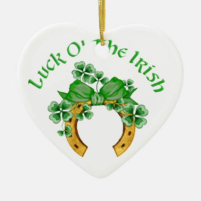 Lucky Irish Horseshoe und Kleeblätter Keramik Ornament (Vorne)