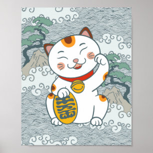 Lucky Japanisch Calico Cat Maneki Neko Links Paw Poster