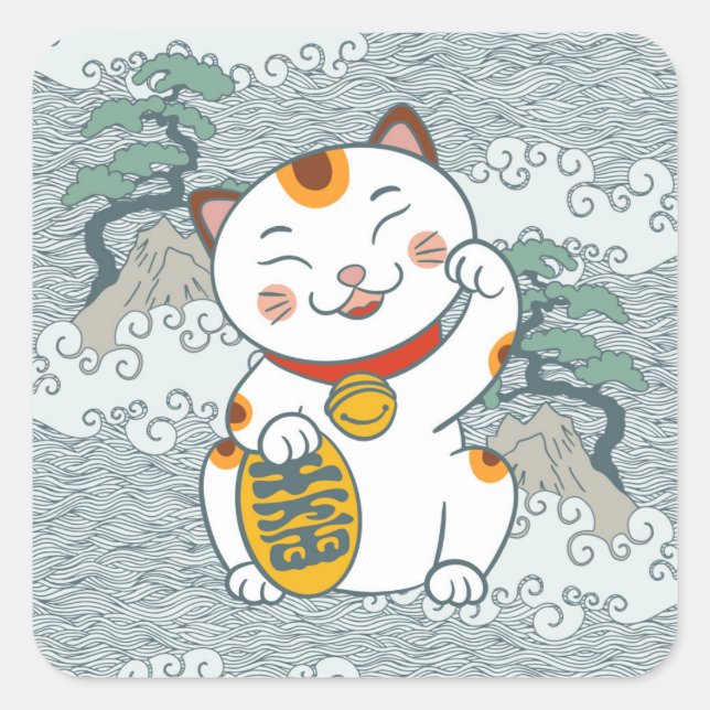 Lucky Japanisch Calico Cat | Maneki Neko Links Paw Quadratischer Aufkleber (Vorderseite)