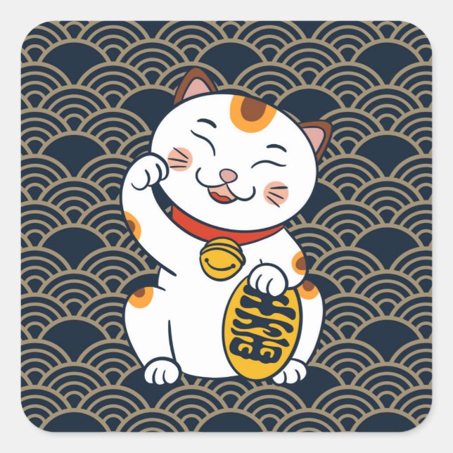 Lucky Japanisch Calico Cat | Maneki Neko Quadratischer Aufkleber (Vorderseite)