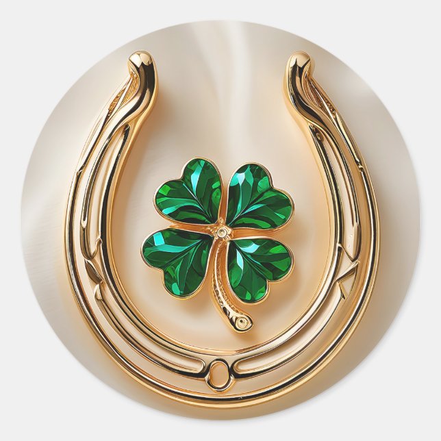 Lucky Klee mit Gold Horseshoe Runder Aufkleber (Vorderseite)
