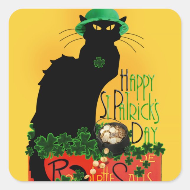 Lucky Le Chat Noir St. Patrick's Day Quadratischer Aufkleber (Vorderseite)