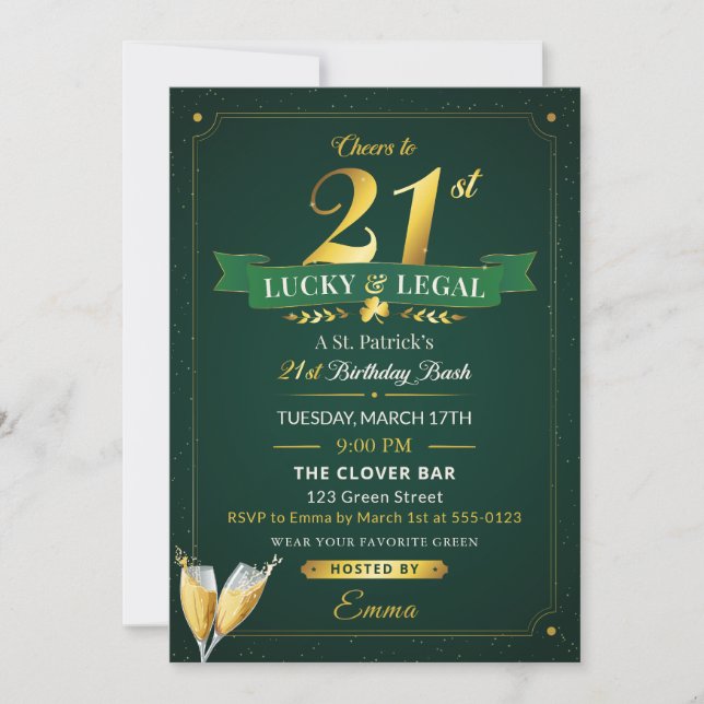 Lucky & Legal 21st Birthday Green & Gold Glitter Einladung (Vorderseite)