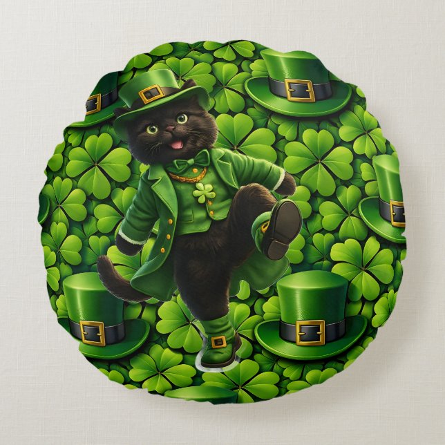 Lucky leprechaun black cat Saint Patrick's Day Pat Rundes Kissen (Vorderseite)