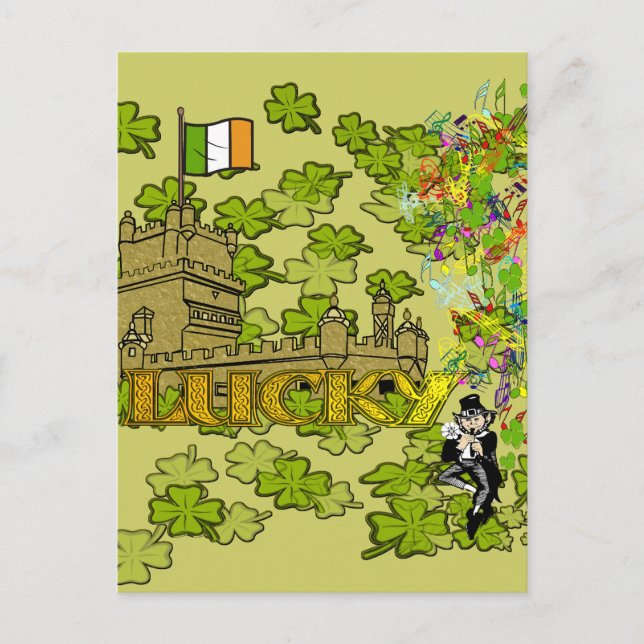 Lucky Leprechaun und seine irische Burg Postkarte (Vorderseite)