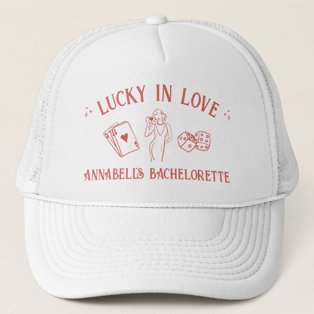 Lucky Liebe Casino Hand Drawn Vegas Bachelorette Truckerkappe (Vorderseite)