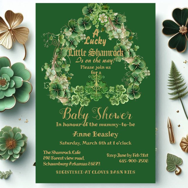 Lucky Little Kleeblatt Green Gold Leaf Baby Dusche Einladung (Lucky Little Shamrock Green Gold Leaf Baby Shower Invitation)