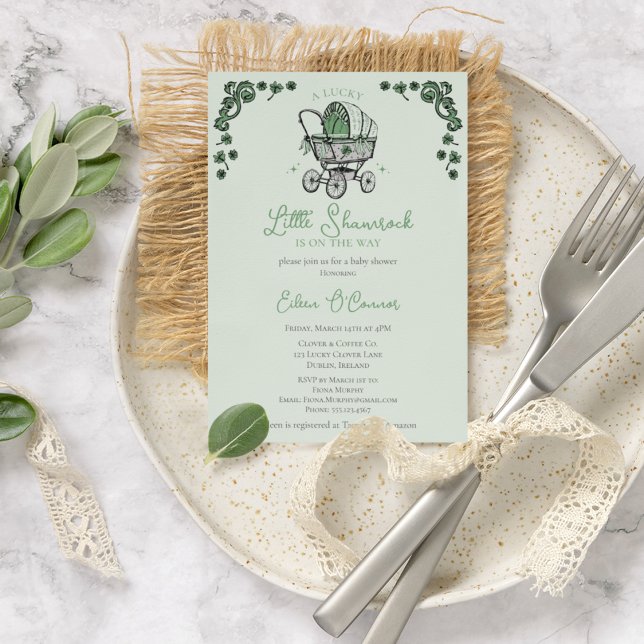 Lucky Little Kleeblatt St Patricks Baby Dusche Einladung (Elegant Pink Irish / St Patrick's Day Baby Shower Vintage Baby Carriage & Lucky Green Shamrocks.)