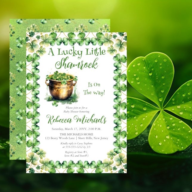 Lucky Little Kleeblatt St. Patrick's Baby Shower Einladung ("A Lucky Little Shamrock" St. Patrick's Day-Themed Baby Shower Invite - Gold Pot Filled with Clover)