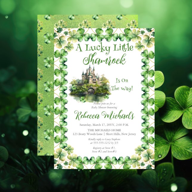 Lucky Little Kleeblatt St. Patrick's Baby Shower Einladung ("A Lucky Little Shamrock" St. Patrick's Day-Themed Baby Shower Invite - Irish Castle)