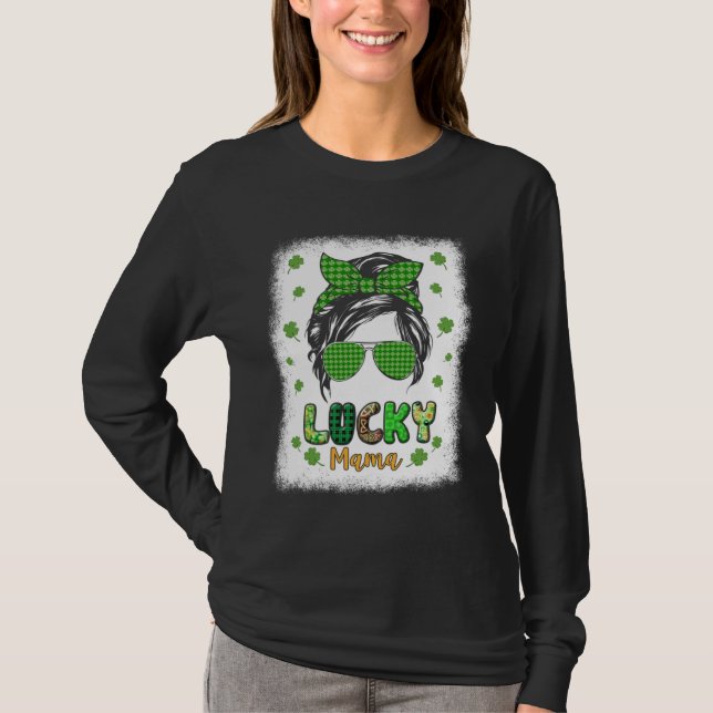 Lucky Mama Messy Bun St Patricks Day for Women T-Shirt (Vorderseite)