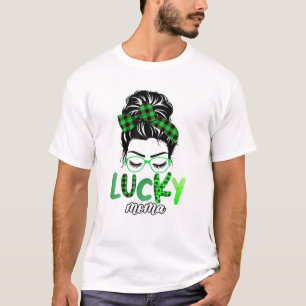 Lucky Moma Leopard Kariert Messy Bun Irish St Patr T-Shirt