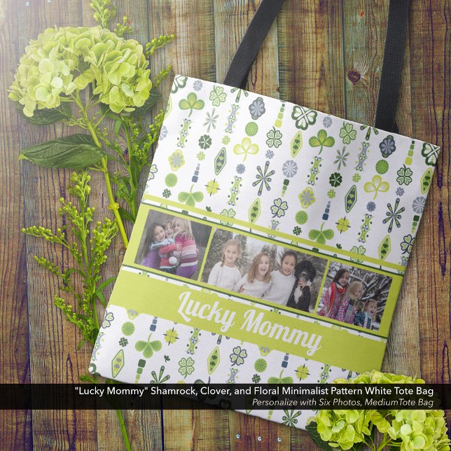 "Lucky Mommy" Kleeblatt Clover Pattern Foto ("Lucky Mommy" Shamrock, Clover, and Floral Pattern Tote Bag - Personalize with Six Photos)