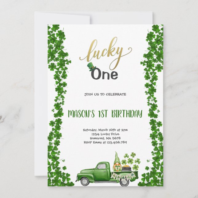 LUCKY ONE GREEN BIRTHDAY PARTY Invitation Einladung (Vorderseite)