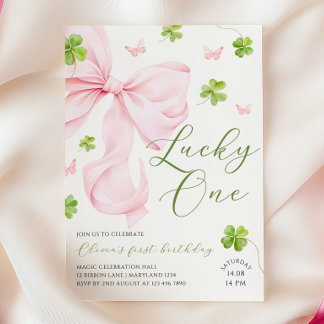 Lucky One Pink Bow 1st Birthday Invitation Einladung