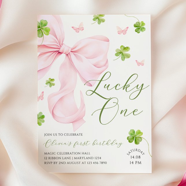 Lucky One Pink Bow 1st Birthday Invitation Einladung (Von Creator hochgeladen)