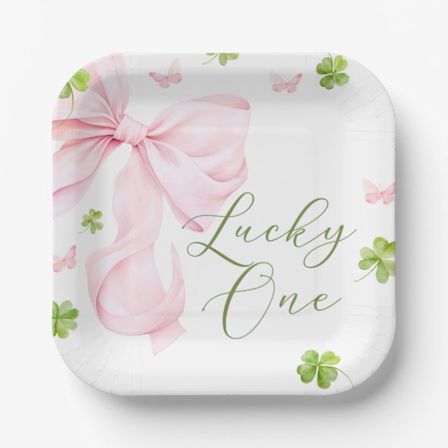 Lucky One Pink Bow 1st Birthday Pappteller (Vorderseite)