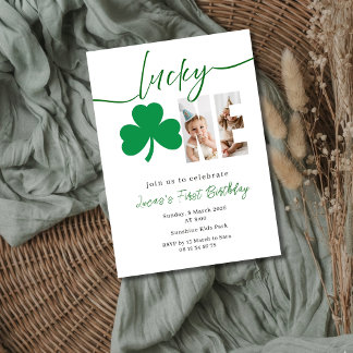 Lucky Shamrock Erstes Geburtstagsfoto editierbar Einladung