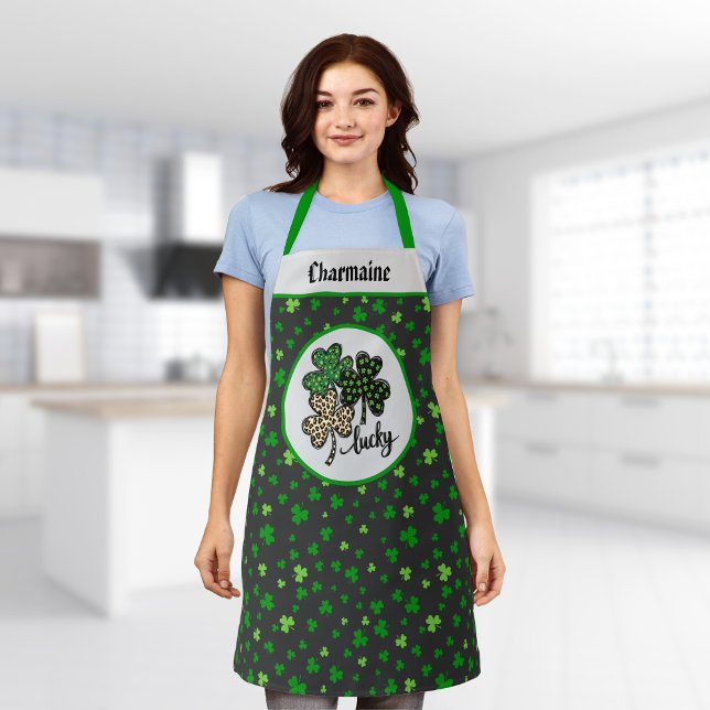 Lucky St Patrick Shamrock Green Black Cat Print   Schürze (Von Creator hochgeladen)