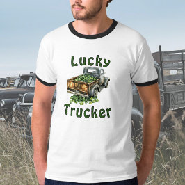 Lucky Trucker Retro Black Truck Hauling Shamrocks T-Shirt