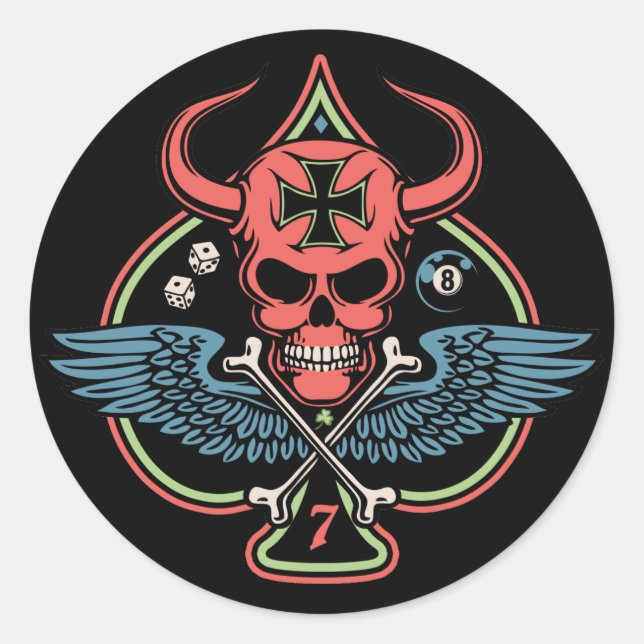 Lucky Winged Maltese Devil Skull of Spades Runder Aufkleber (Vorderseite)