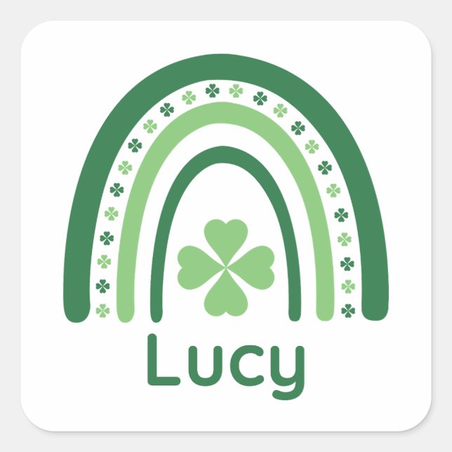 Lucy Name Clover Boho Rainbow Quadratischer Aufkleber (Vorderseite)
