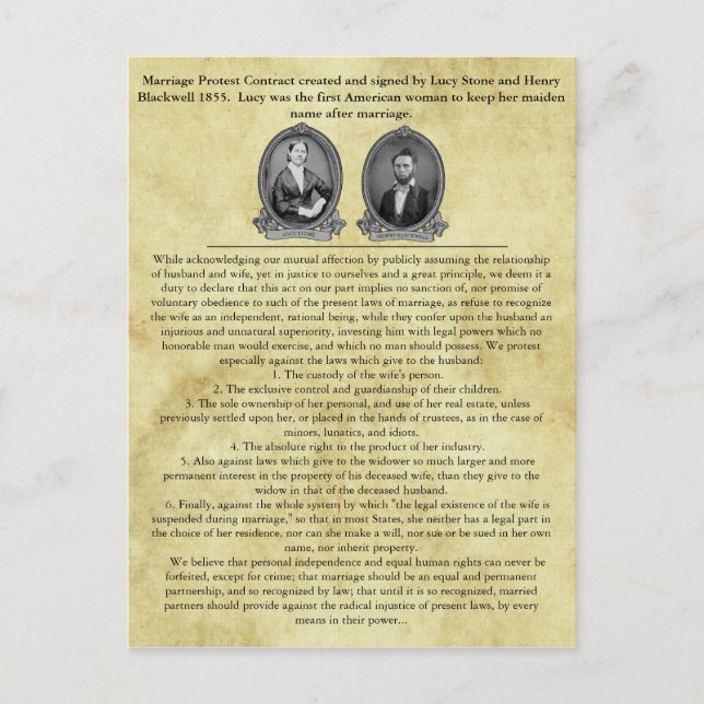 Lucy Stone Henry Blackwell Ehevertrag Postkarte (Vorderseite)