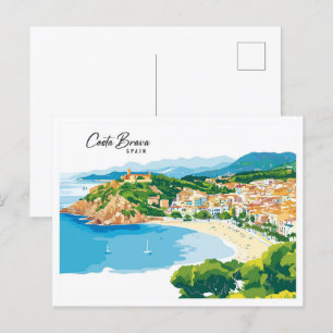 Luftansicht Costa Brava Spanien Kunstillustration Postkarte