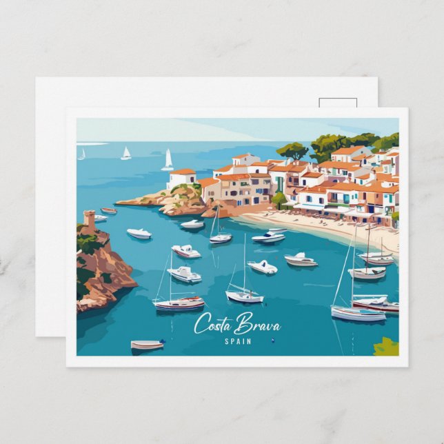 Luftaufnahme Costa Brava Spanien Illustration Reis Postkarte (Vorne/Hinten)