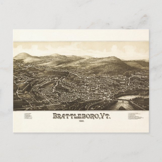 Luftaufnahme von Brattleboro, Vermont (1886) Postkarte (Vorderseite)