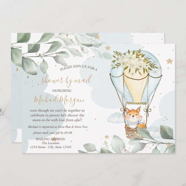 Luftballon, Fox, Wolken, Sterne, Babydusche per Po Einladung (Vorne/Hinten)