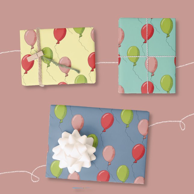 Luftballon-Muster Geschenkpapier Flachblätter Set (Balloon pattern wrapping paper sheets (yellow , green and blue).)