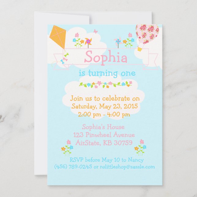 Luftballon Phinwheel Blume Einladung (Vorderseite)