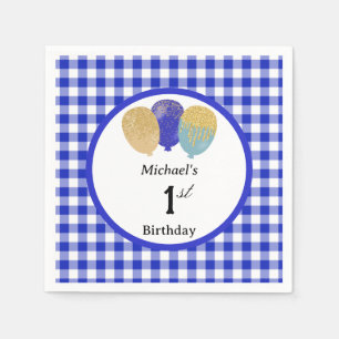 Luftballons & Blaues Gingham 1. Geburtstag Serviette