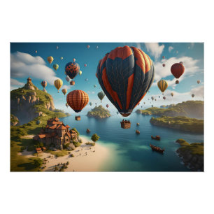Luftballons, die über die Insel fliegen Poster