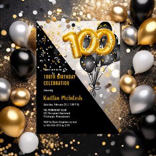 Luftballons Elegant Schwarz Gold 100. Geburtstag Acryleinladungen