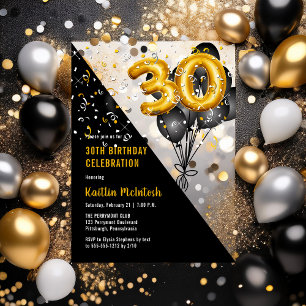 Luftballons Elegant Schwarz Gold 30. Geburtstags Acryleinladungen